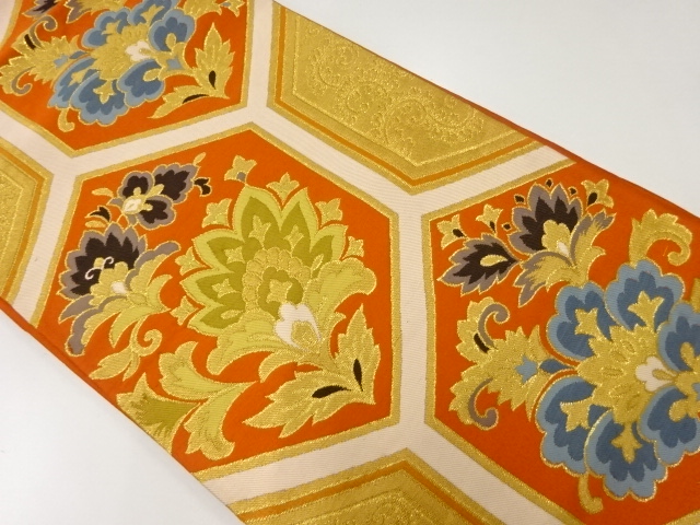 JAPANESE KIMONO / ANTIQUE FUKURO OBI / SILK / WOVEN KIKKO & FLORAL PLANTS